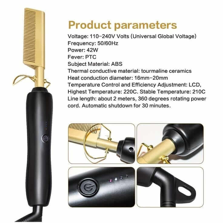 InnovaKE Gold Ceramic Professional Press Comb | Fast Heat-Up Hair Straightener