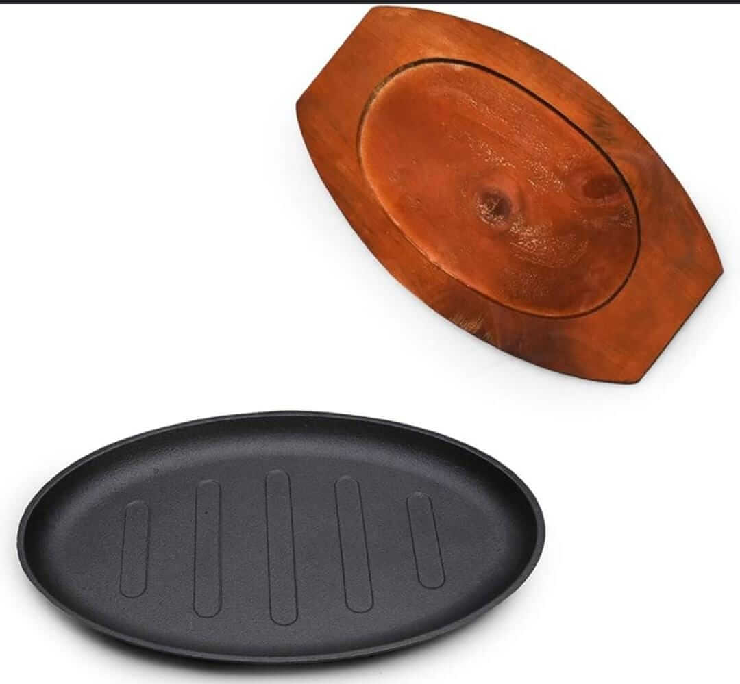 Mondee Premium Cast Iron Sizzling Platter with Wooden Serving Base.