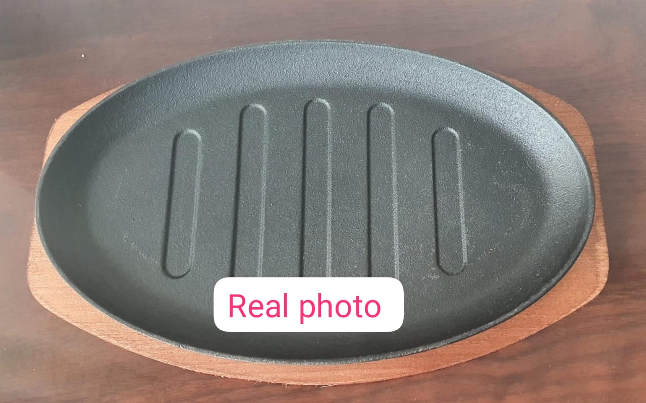 Mondee Premium Cast Iron Sizzling Platter with Wooden Serving Base.