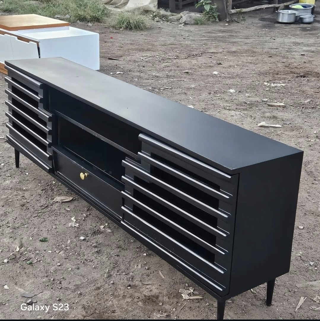 The Horizontal Slatted Black TV Stand | Modern Media Unit | Mondee Furnitures