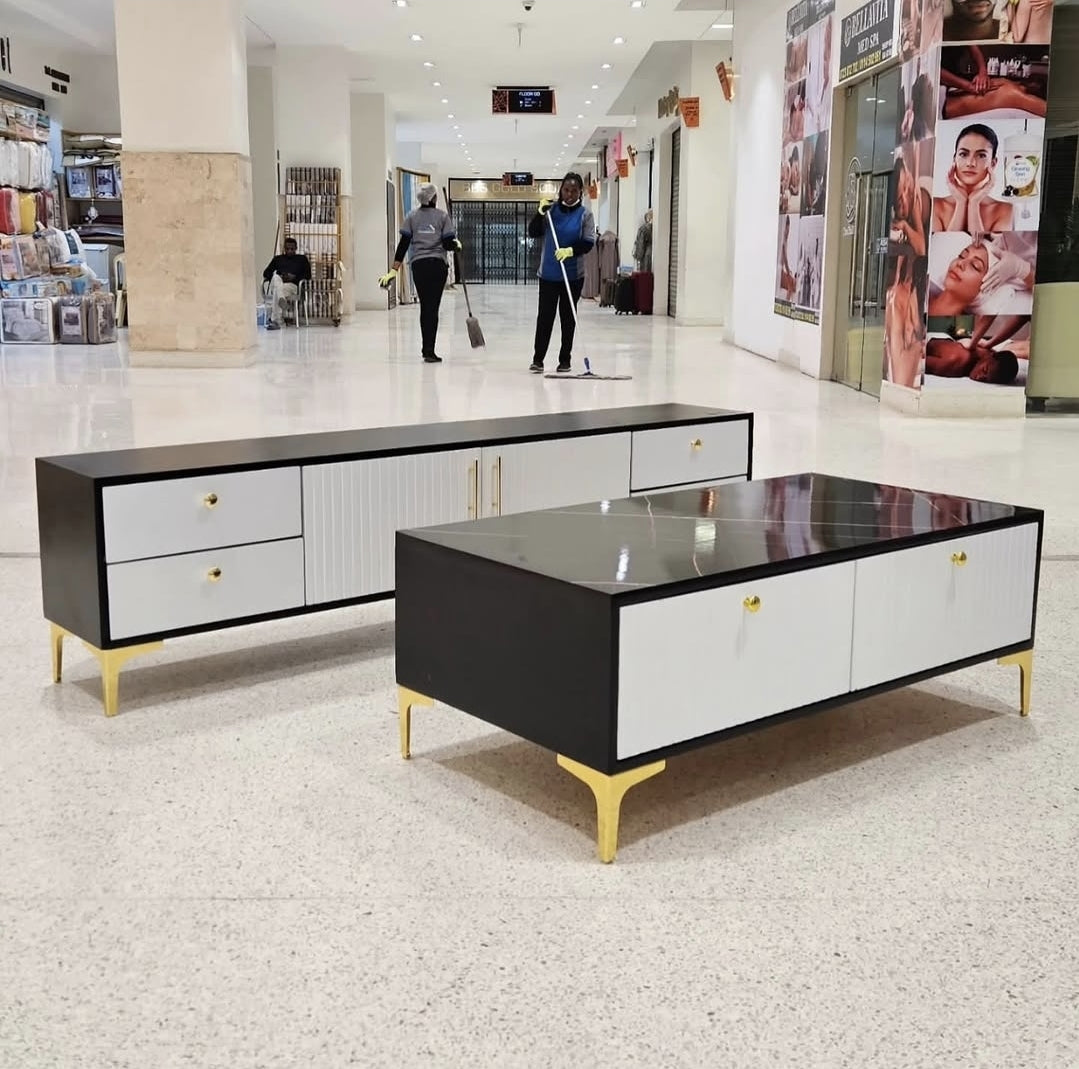 The Modern 6ft TV Stand & Coffee Table Set | Two-Tone Black Wood & White
