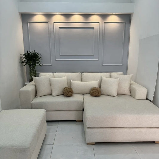 The Plush 5-Seater L-Shaped Sofa with Ottoman | Cream Sectional Couch