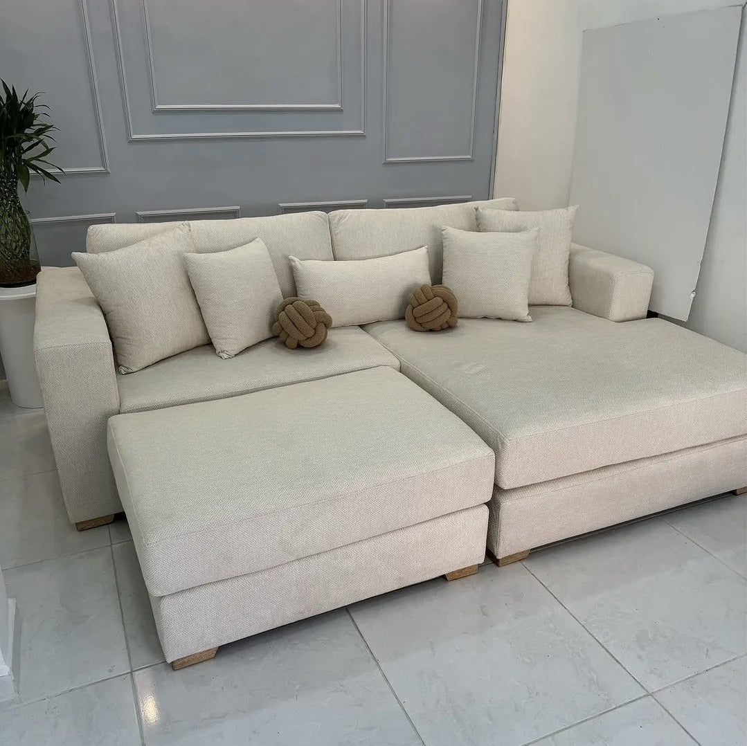 The Plush 5-Seater L-Shaped Sofa with Ottoman | Cream Sectional Couch