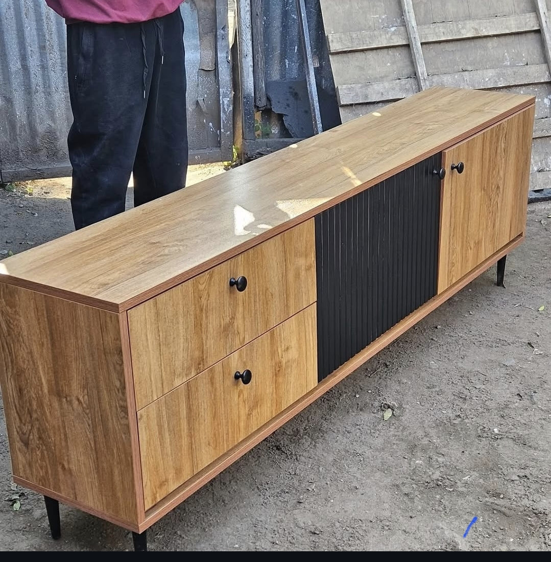 The Slatted Panel Wood TV Stand | Two-Tone Media Unit | Mondee Furnitures