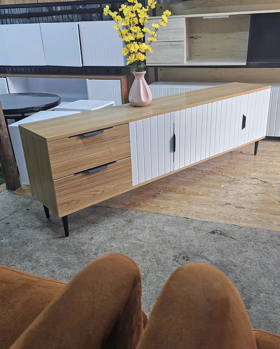 The Two-Tone Fluted Door TV Stand | Oak & White Media Unit | Mondee Furnitures