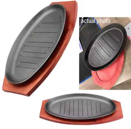 Mondee Premium Cast Iron Sizzling Platter with Wooden Serving Base.